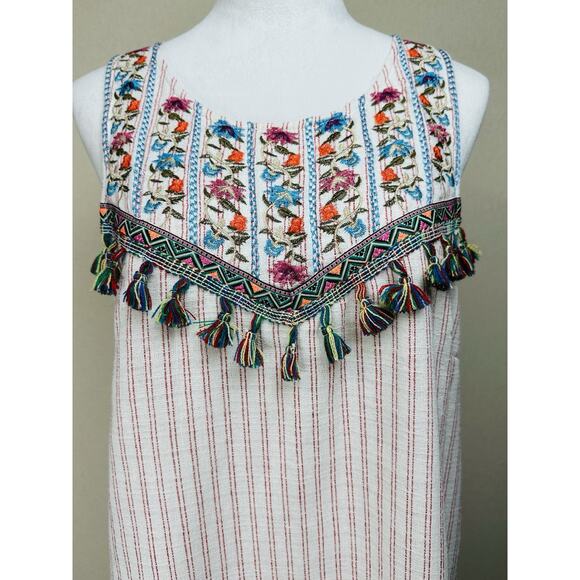 Entro Anthropologie Size L Dress Boho Chic Striped Embroidered W/ Tassels EUC - Picture 2 of 13